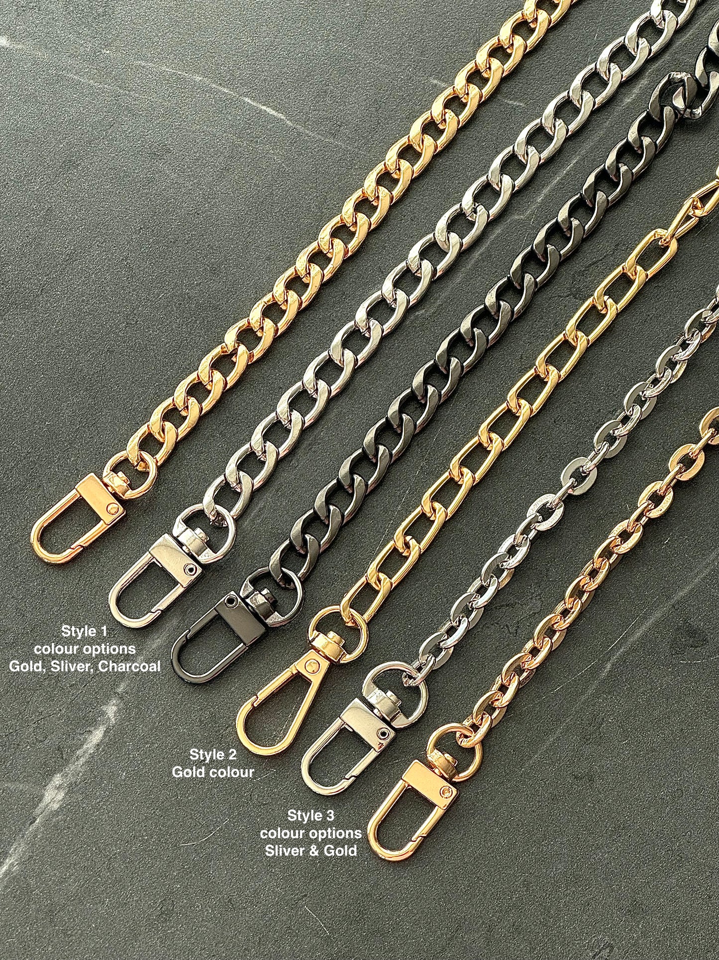 Gold / Silver / Charcoal colour flat metal replacement chain for handbag cross body 20, 40, 60, 100, 110, 120, 130, 140cm custom length