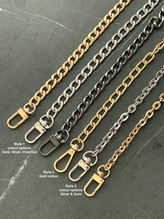 Gold / Silver / Charcoal colour flat metal replacement chain for handbag cross body 20, 40, 60, 100, 110, 120, 130, 140cm custom length