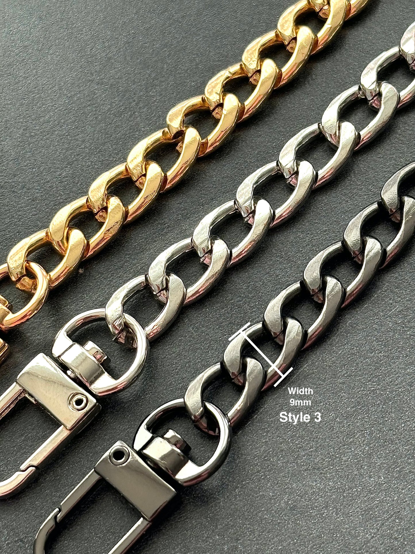 Gold / Silver / Charcoal colour flat metal replacement chain for handbag cross body 20, 40, 60, 100, 110, 120, 130, 140cm custom length